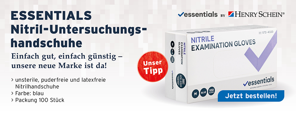 ESSENTIALS Nitril-Untersuchungshandschuhe, Essentials by Henry Schein, Einfach gut - unsere neue Marke ist da! unsterile, puderfreie und latexfreie Nitrilhandschuhe, Farbe: blau, Packung 100